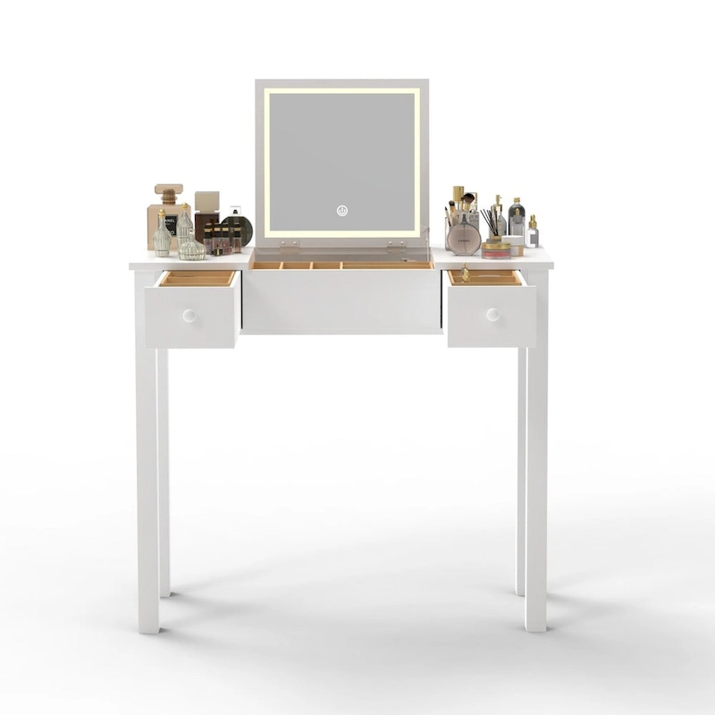 Sleek Vanity Table with LED Lights, Flip-Top Mirror and 2 Drawers, Jewelry Storage for Women Dressing