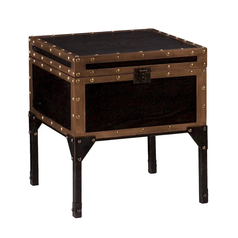 Trunk-Style Side Table with Storage – Antique Black / Bronze, MDF, Single
