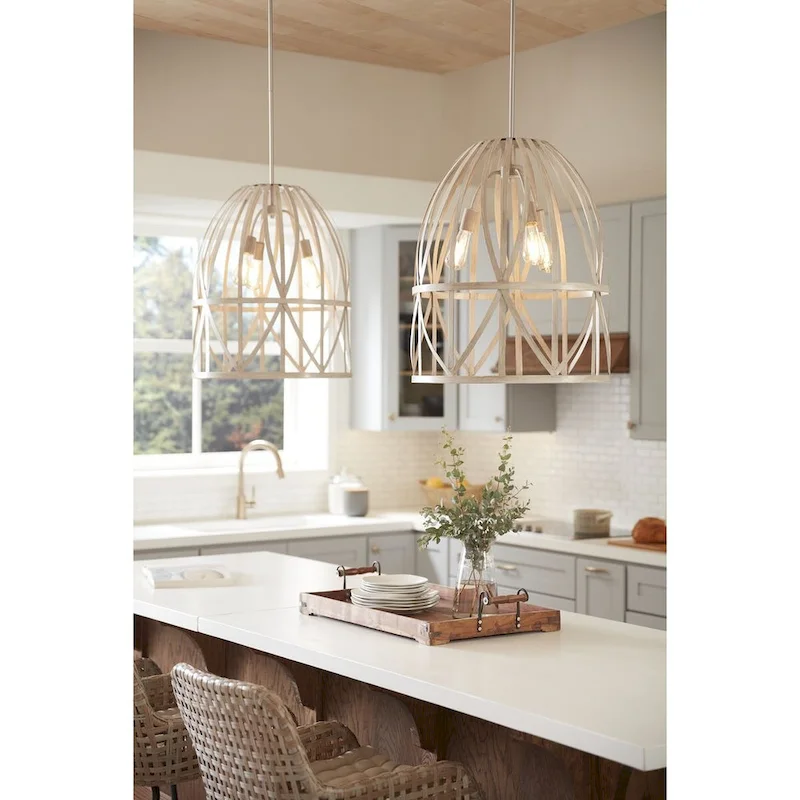Chastain Collection Three-Light Bleached Oak Basket Farmhouse Pendant Light - 20.87 in x 20.87 in x 25.25 in