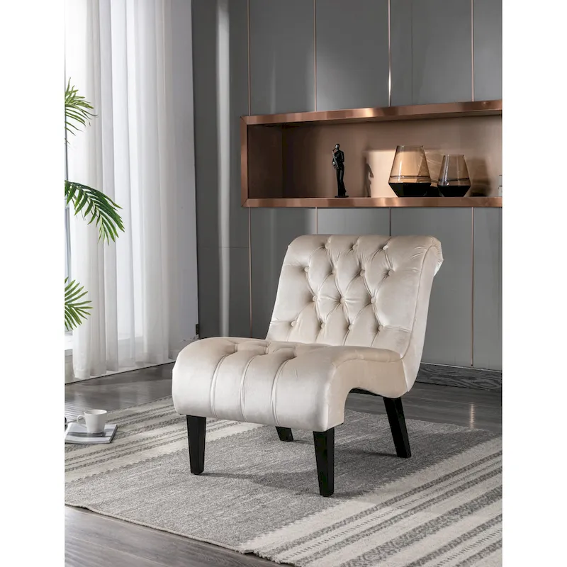 Beige Velvet Accent Chair with Button Tufting and Wooden Legs
