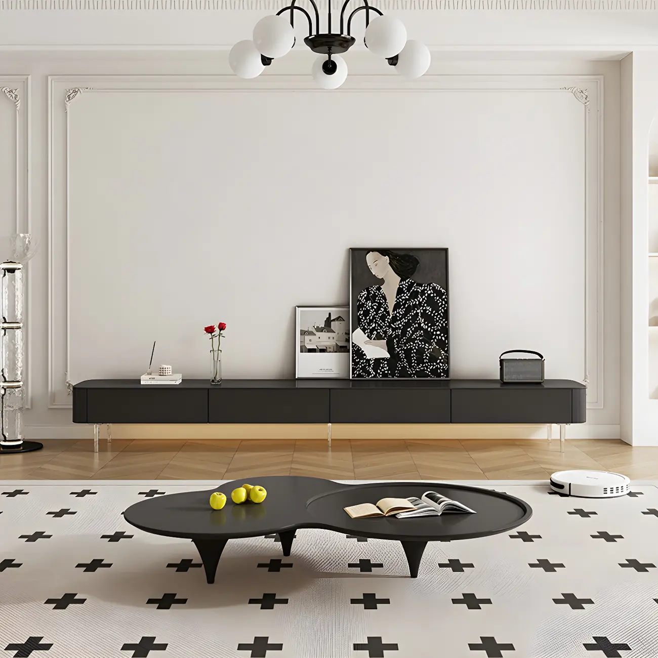 87 Modern Black Wooden Long TV Stand with Drawers