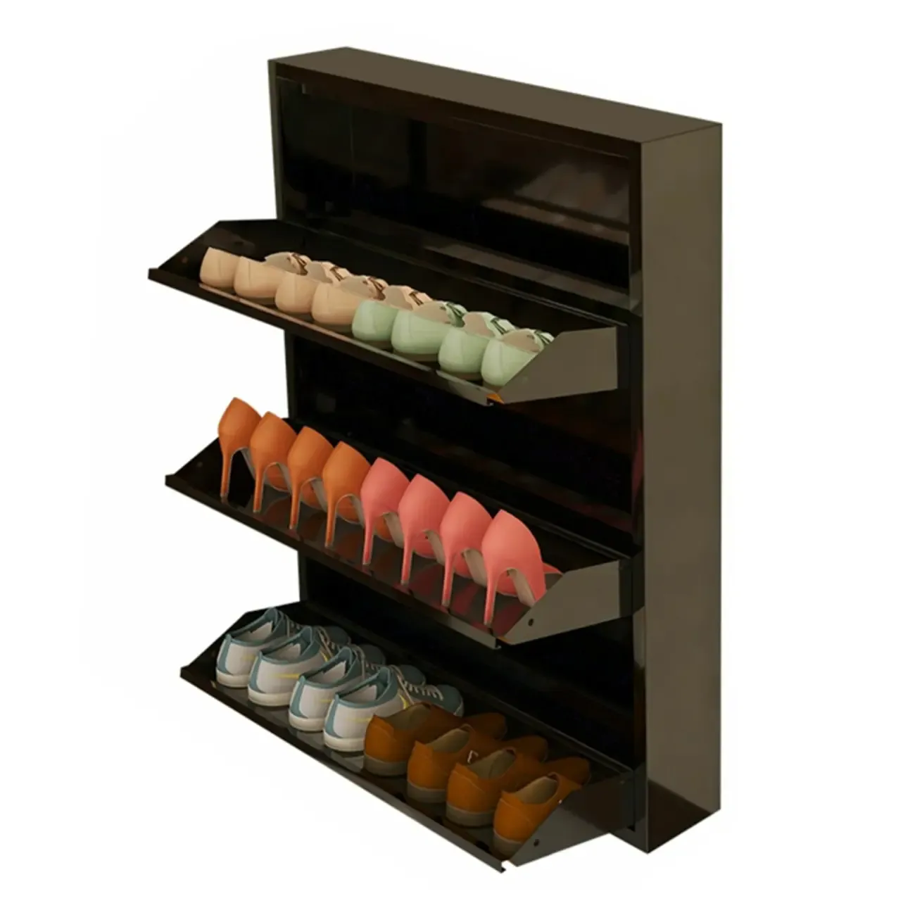 Gloss Black Wall Mounted Wooden Slim Drop Front Shoe Cabinet