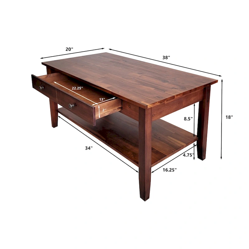 Solid Acacia Coffee Table with Drawer & Bottom Shelf