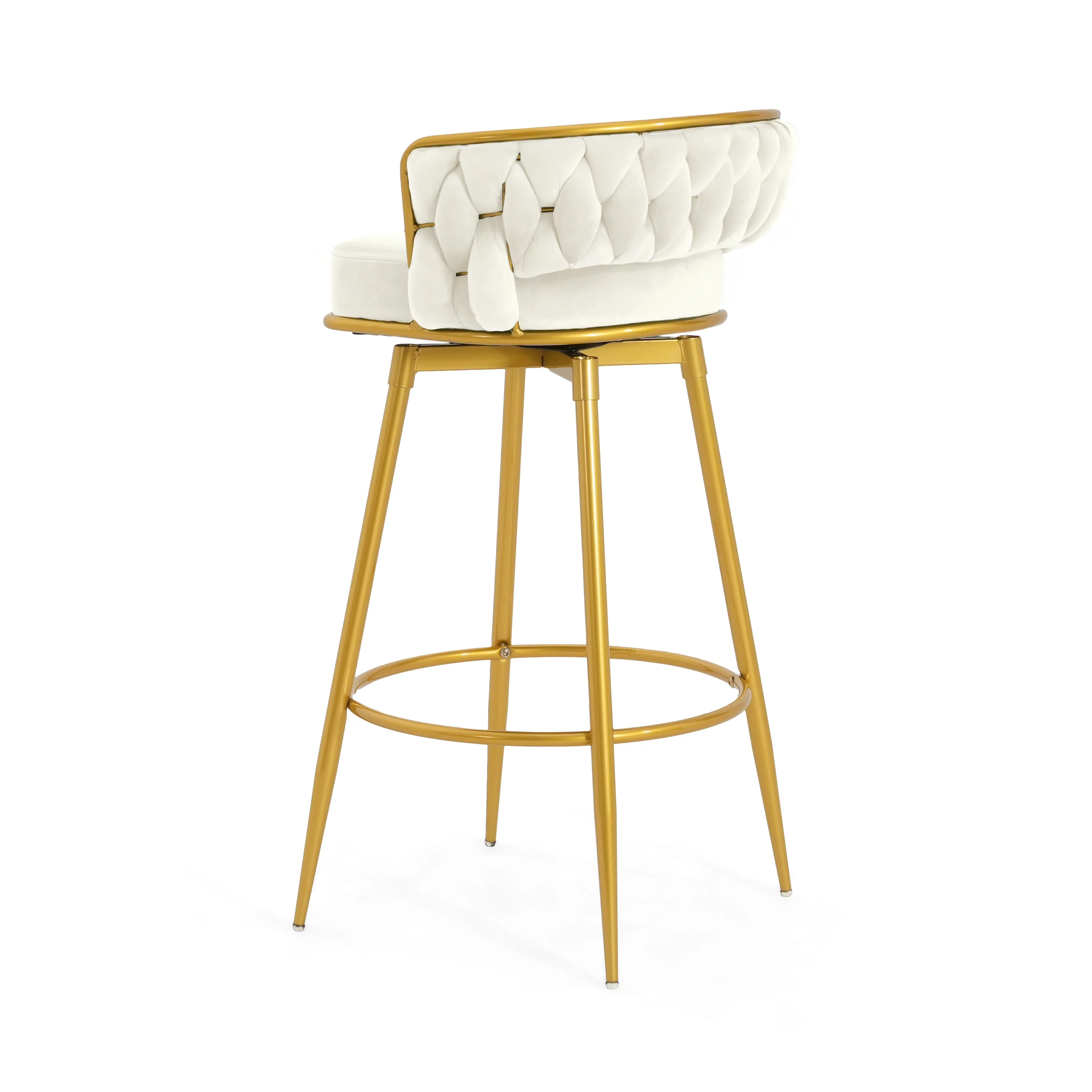 Set of 2 Velvet Swivel Bar Stools 180¡ã Gold Frame w/ Woven Back & Footrest