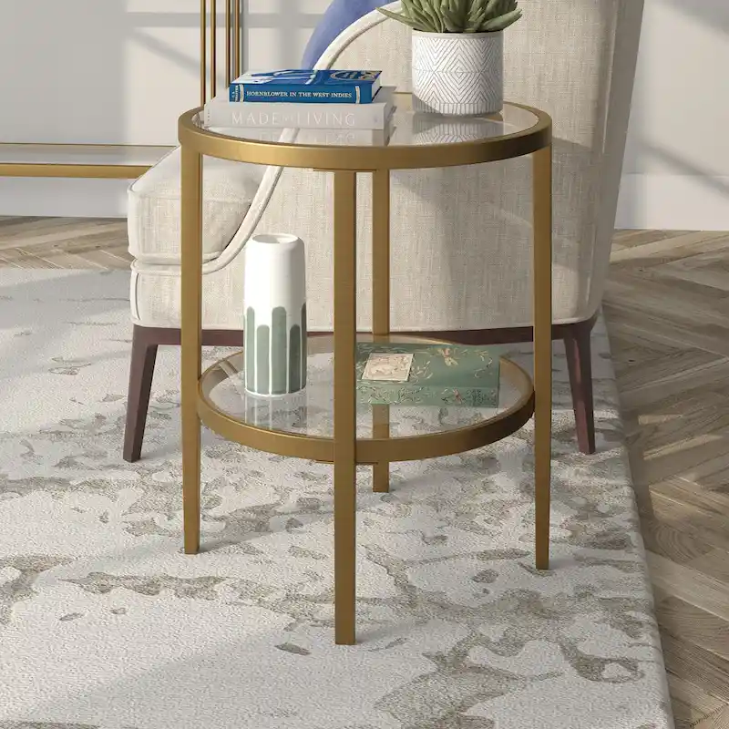 Hera 19.63 Wide Round Side Table with Clear Glass Shelf