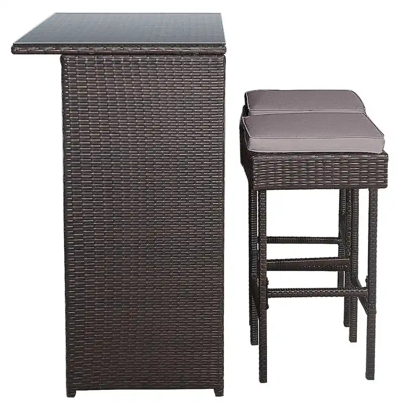 Gymax 3PCS Rattan Patio Bar Table & Stool Set Dining Set w/ Gray & Off