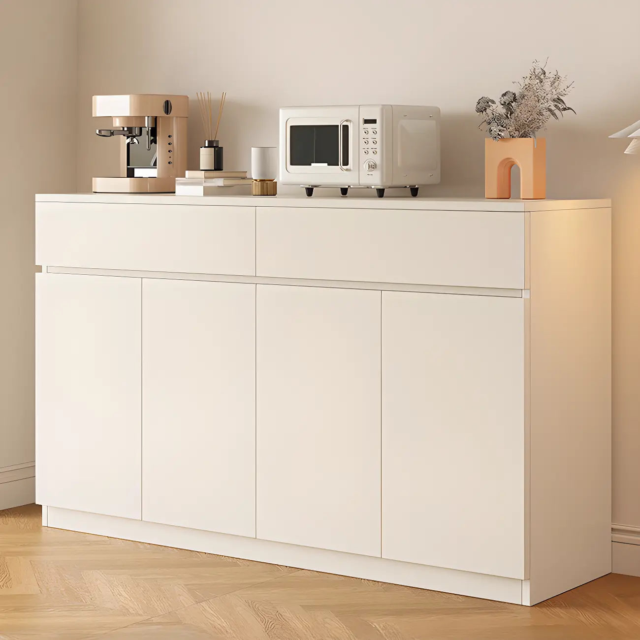 White Wooden Credenza with Drawers and Cabinets