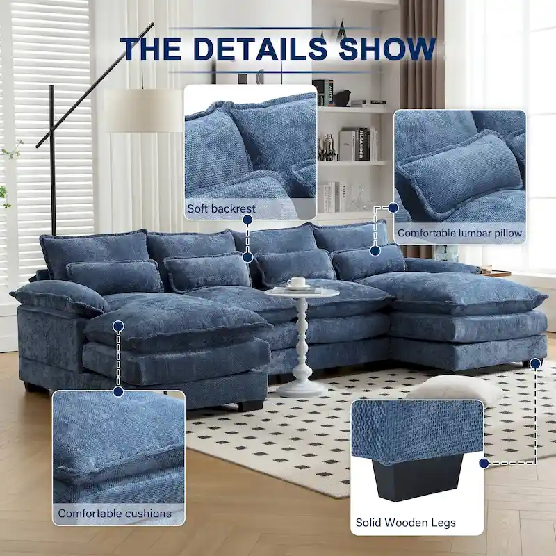 Chenille Upholstered U-Shaped Living Room Sectional Sofa With Wooden Legs
