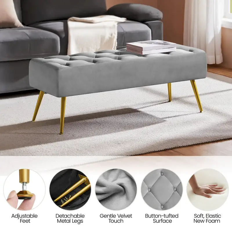Yaheetech Upholstered Footstool Velvet Ottoman Button-Tufted Table Bench - 45 16 17