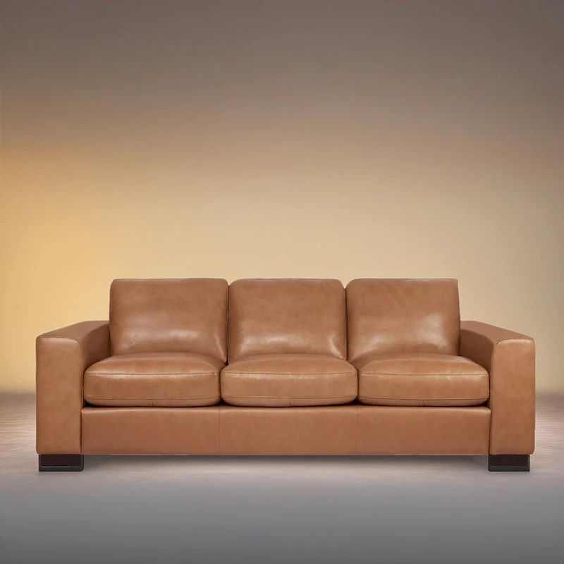 Genuine Leather Square Arm Sofa, Tan, Goose Feather Cushions, Block Legs, Seats 3