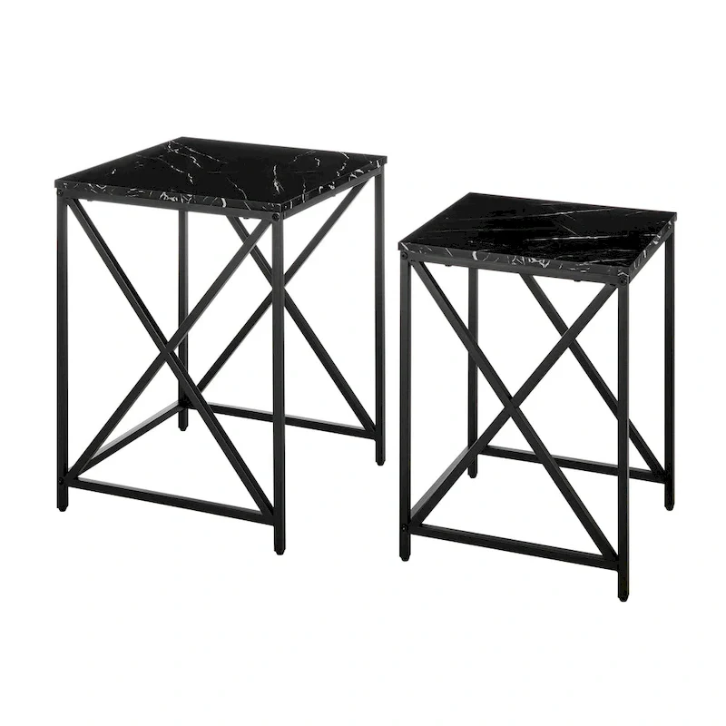 Modern Square Marble Finish Veneer Top Black Metal Frame Nesting End Tables - Set of 2