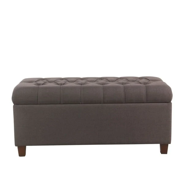 Button-Tufted Storage Bench, Charcoal, Hinged Lid, Walnut Legs, Seats 1-2