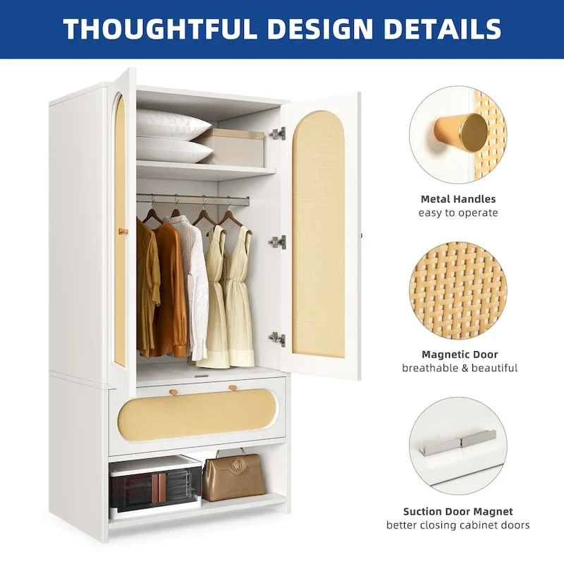 Moasis 70 Rattan Armoire Bedroom Wardrobe with Drawer & Hanging Rod