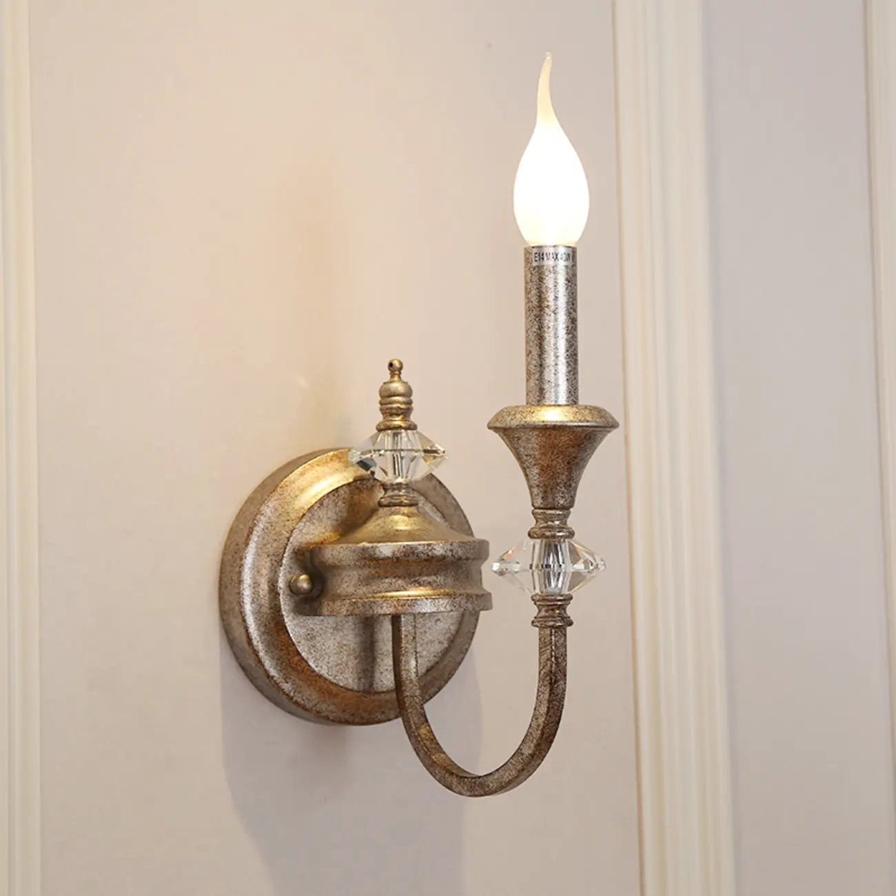 Vintage Cast Iron Candlestick Crystal Wall Sconce