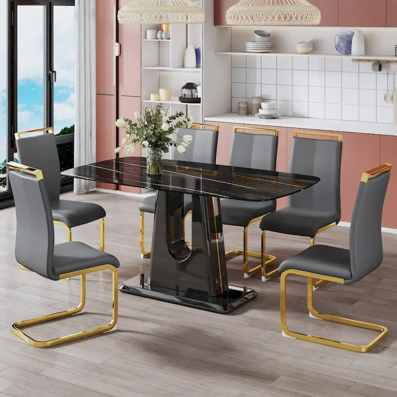 Dining table. Black imitation marble pattern desktop. Black MDF table legs, gold lines, black base