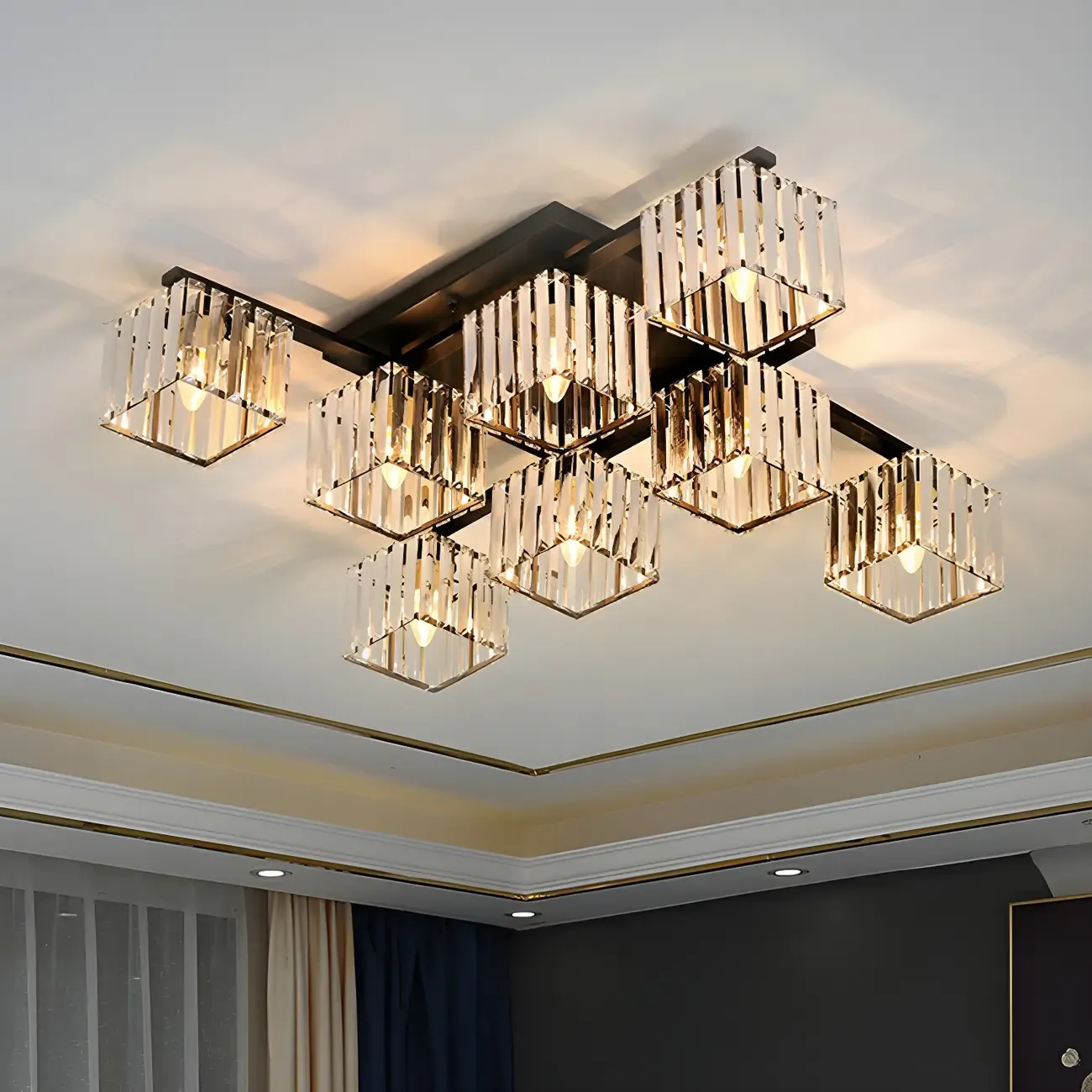 Modern Square Gold Crystal Flush Ceiling Light in 8 Lights