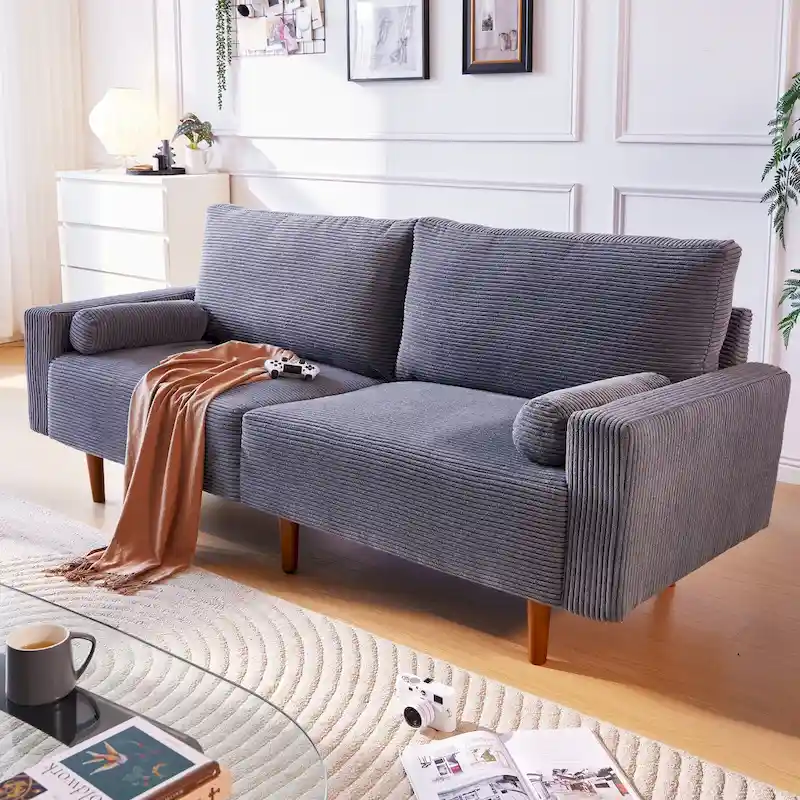 HOOOWOOO Mid-Century Modern Upholstered Sofa Couch with Rolled Pillows
