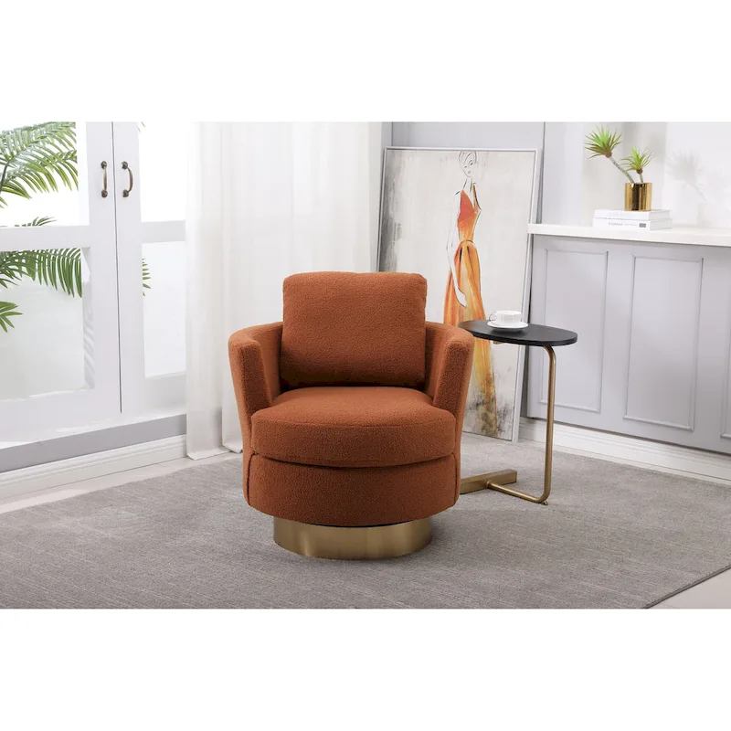 Brown Modern 29.6 Upholstered Swivel Barrel Chair with Gold Stainless Steel Base