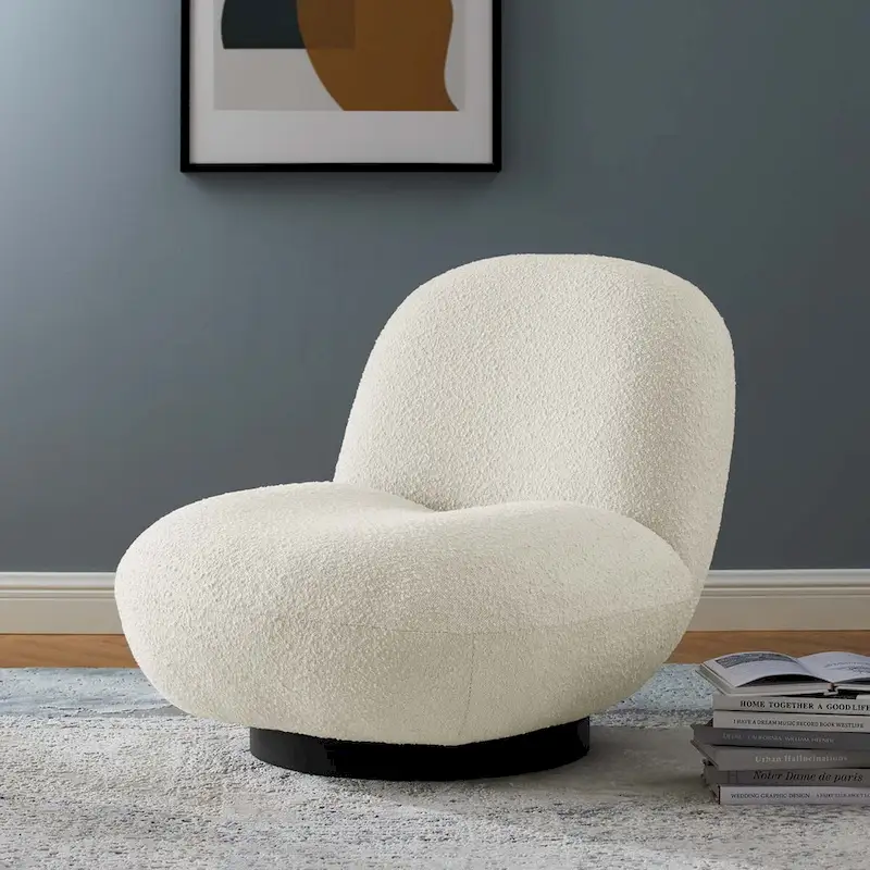 Boucle Upholstered Swivel Chair with Matte Black Base