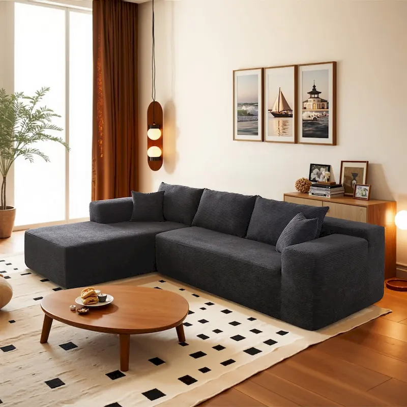 HOOOWOOO Modern L-Shaped Sectional Sofa Corduroy Upholstery Couch with Pillows