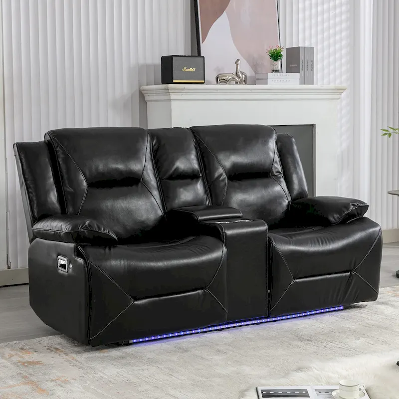 2 Seater Home Theater Recliner Manual Recliner Chair with a LED Light Strip Two Cup Holders and a Storage Box