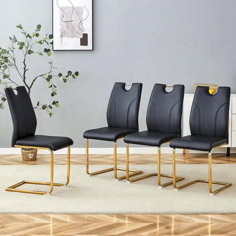 PU Dining Chair Set, Uniquely Designed Black Dining Chairs, Pu Material, Paired With Gold Metal Chair Legs (Set Of 4)
