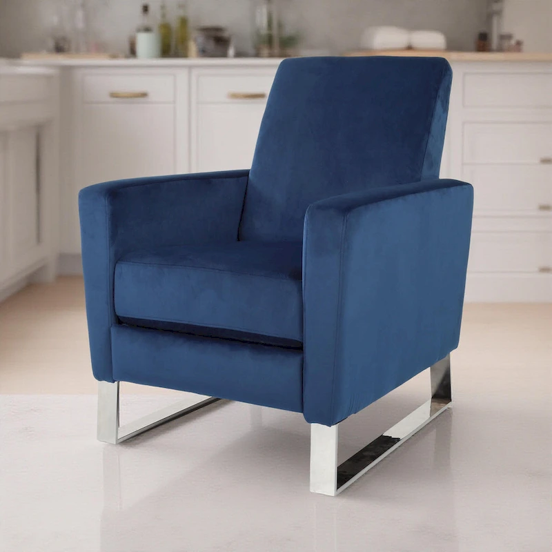 Reki Recliner Chair, Manual Push Back, Stainless Steel, Blue Velvet