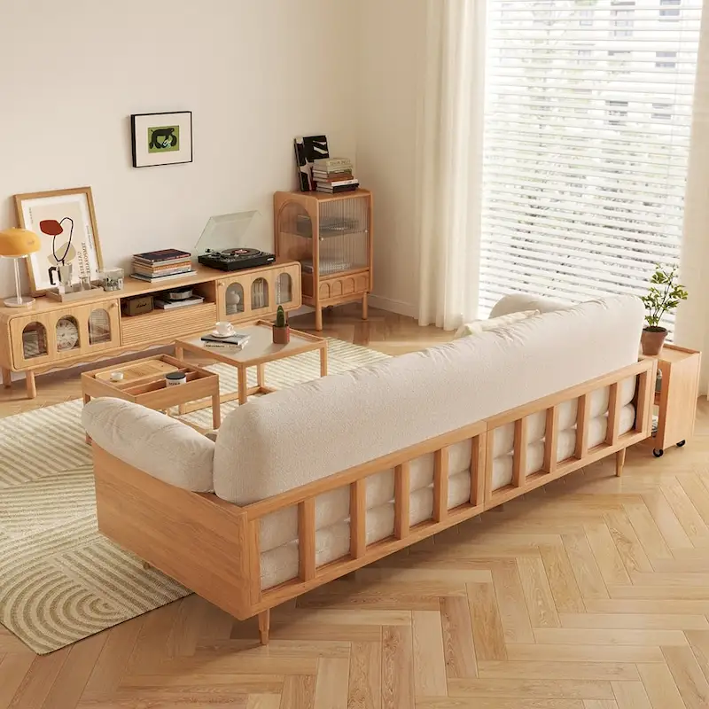 JASIWAY Modern 3-Seat Upholstered Cotton Linen Sofa,Beige