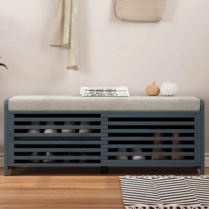 Shutter Storage Bench with Cushion & Sliding Door, MDF, 41.5"L, Seats 1, White/Grey/Navy/Natural/Espresso