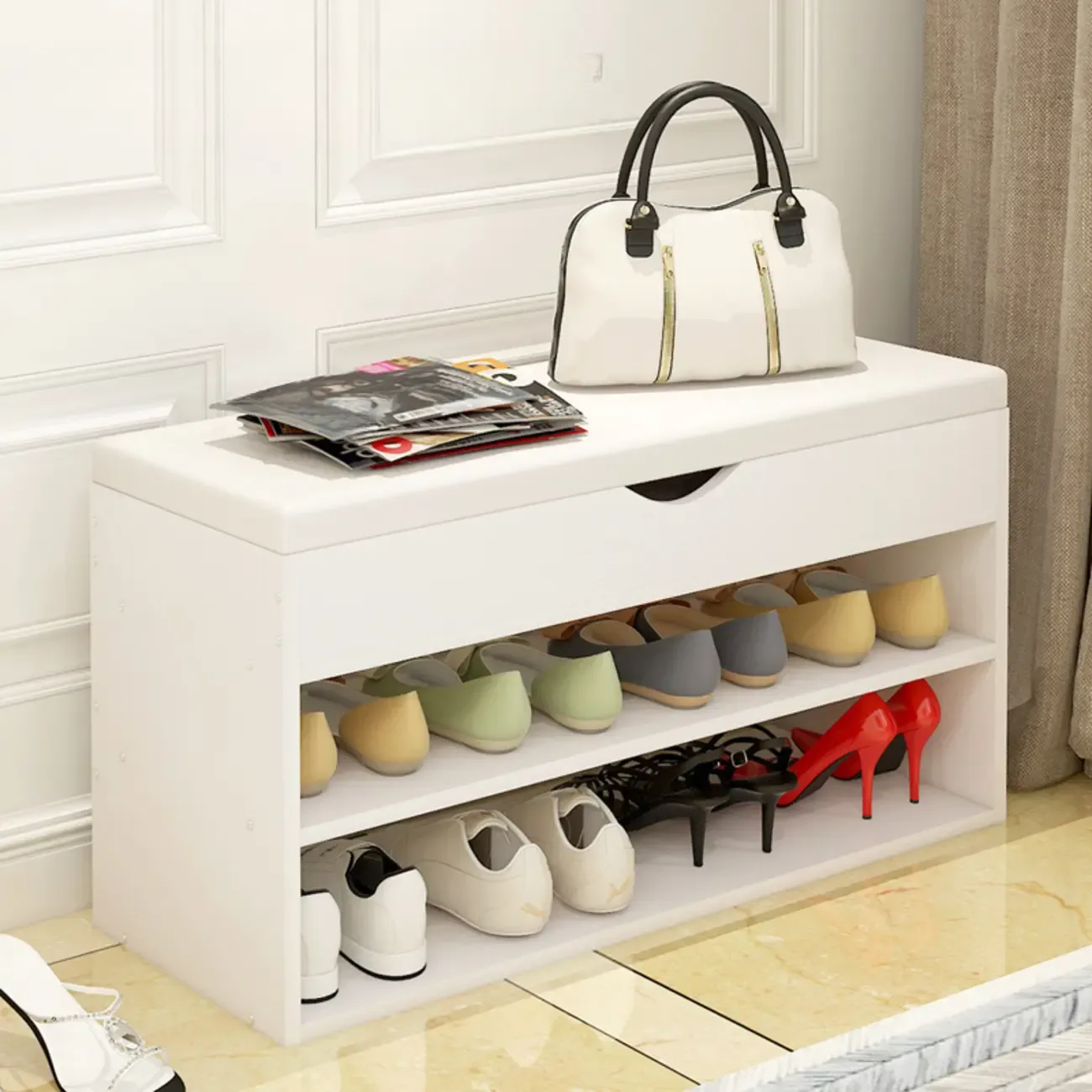 White Wooden Shoe Storage Bench with Hidden Storage