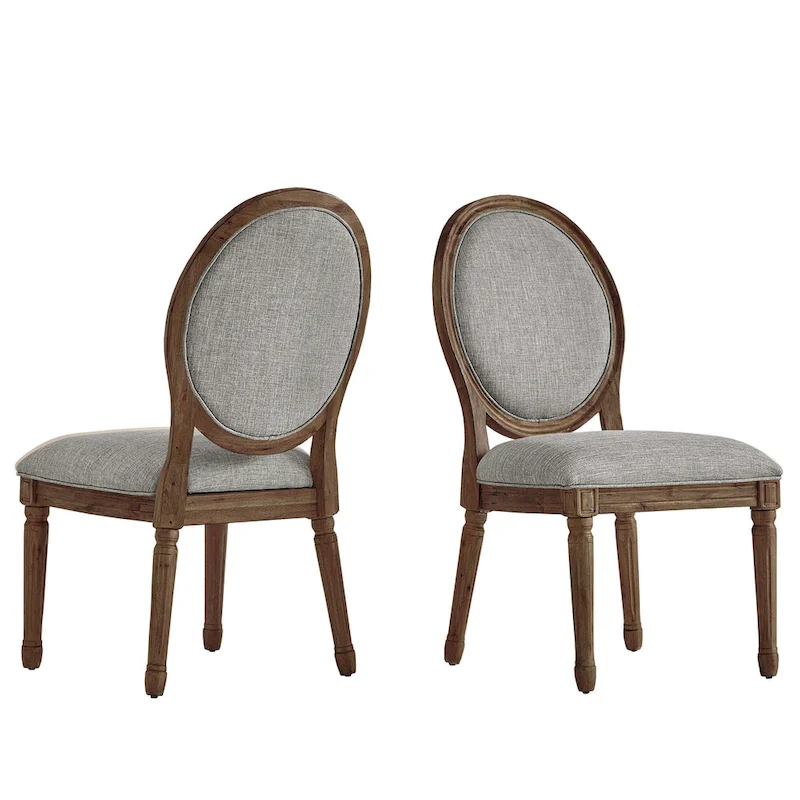 Round Linen and Wood Dining Chairs Set of 2, Artisan Style Upholstered Side Chairs