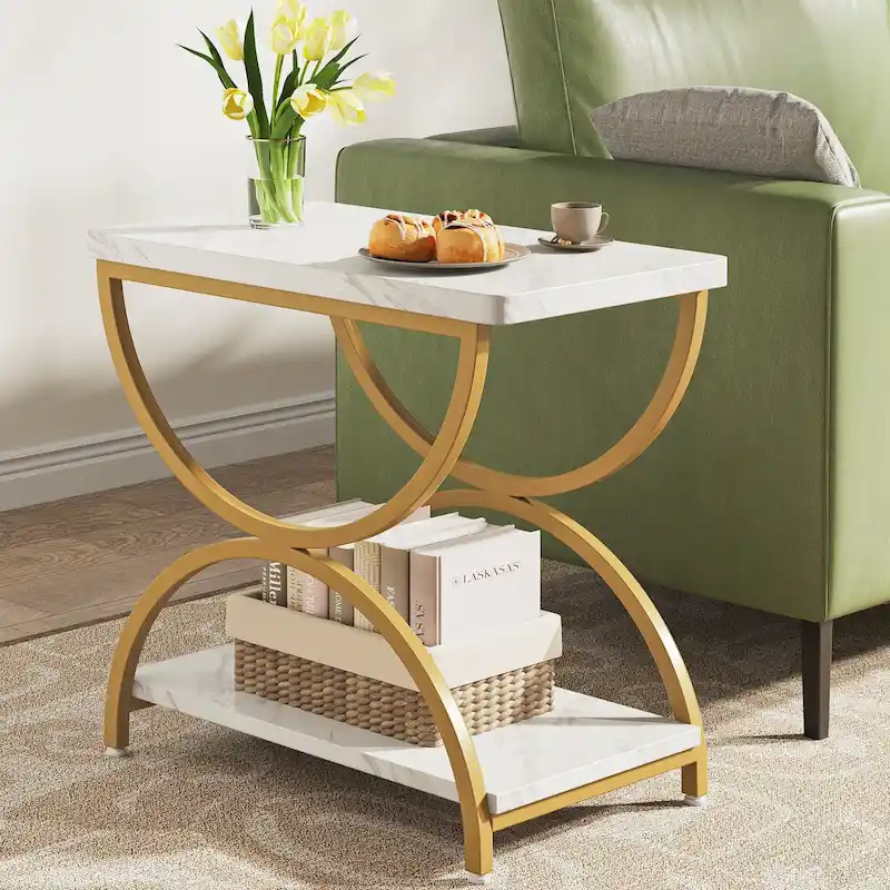 2-Tier RectangularWood Metal End Side Accent Table Nightstand