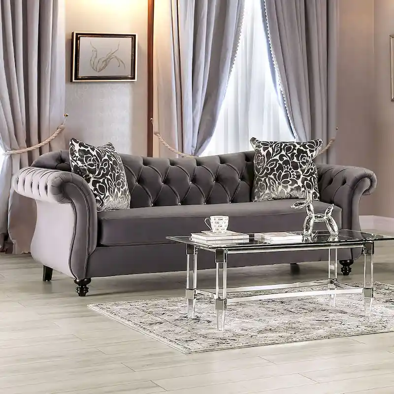 Addae Glam Grey Velvet Fabric Upholstered Button Tufted Sofa by Furniture of America
