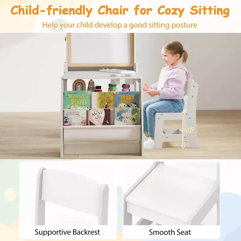 Costway Kids Art Table and Chair Set with Easel & Chair Whiteboard & Chalkboard Paper Roll