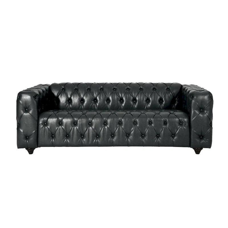 Arlo Sofa, Chesterfield Tufted Black Faux Leather Upholstery, Wood, 84 Inch