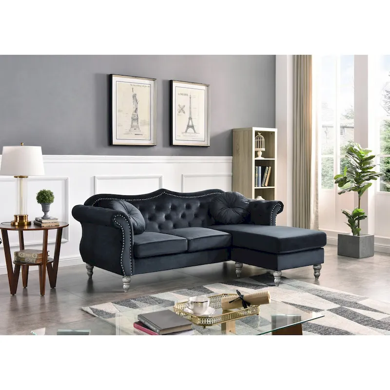 81 in. Velvet Chesterfield Sectional Sofa with 2-Throw Pillow - 81L x 35W x 34H