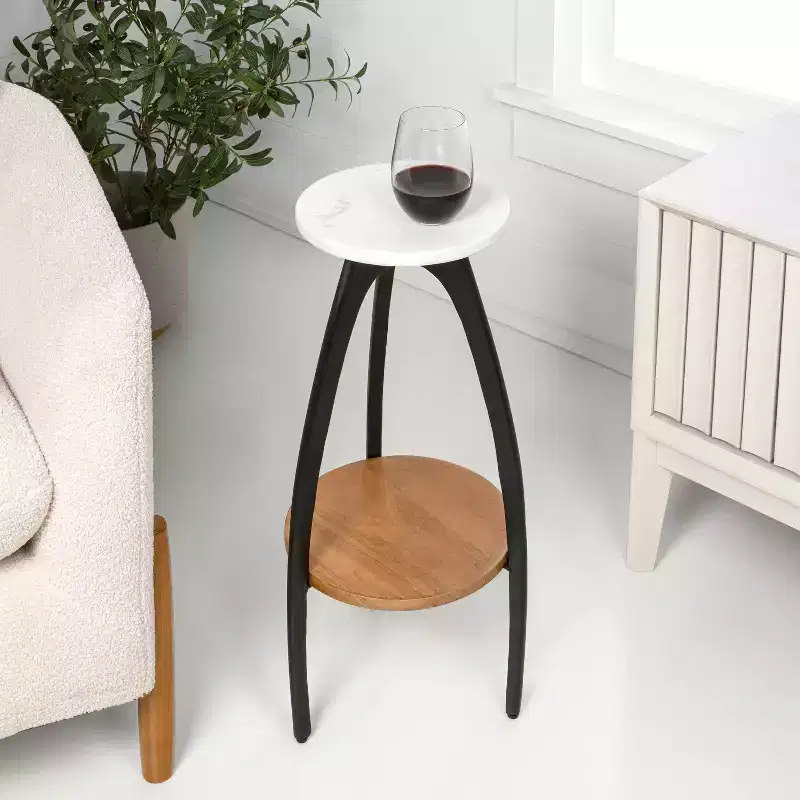 JONATHAN Y Ollie 24.5 Designer Metal Tripod Drink Table & Decorative End Table with White Marble Round Top & Wood Undershelf