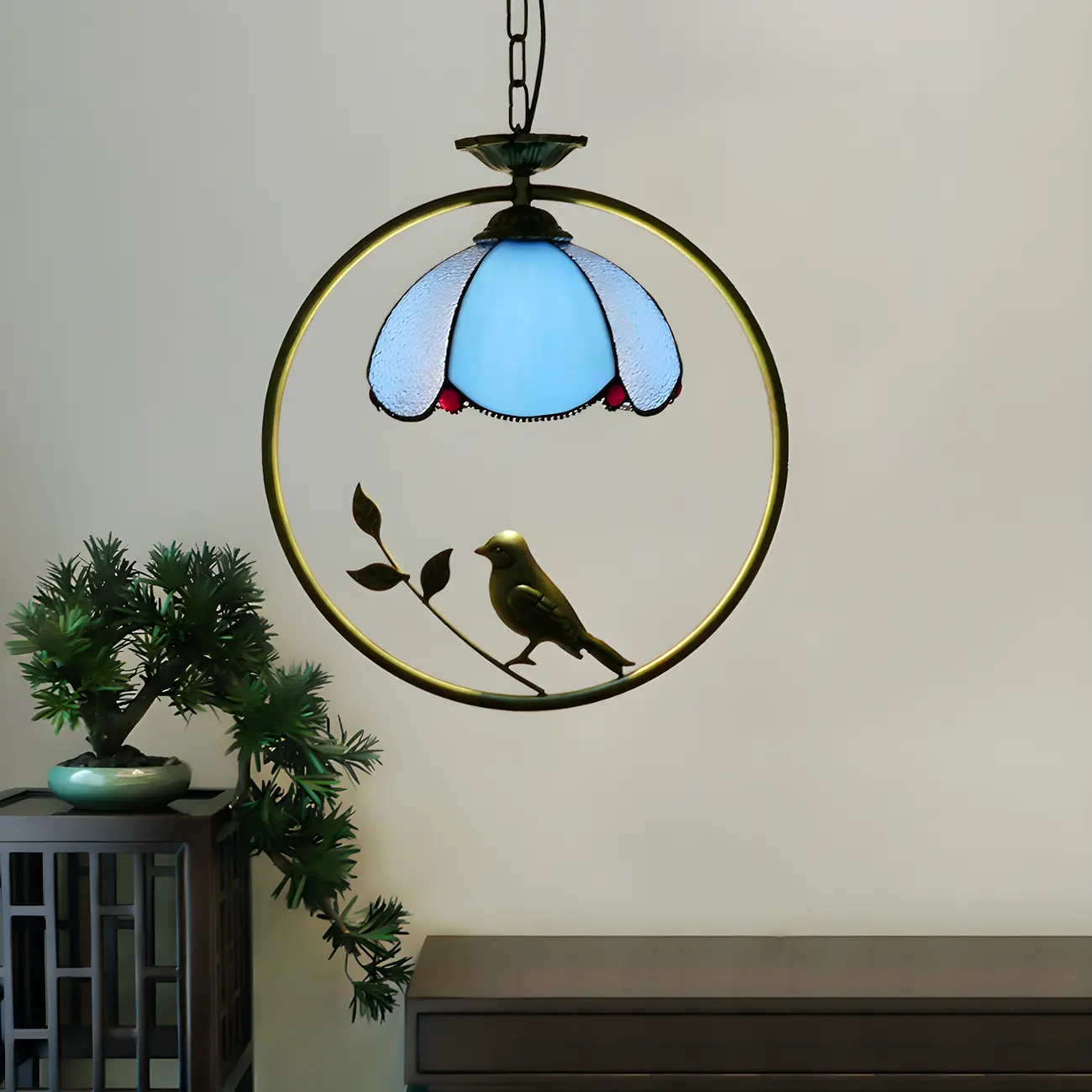 Tiffany Stained Glass Rattan Pendant Light Fixture