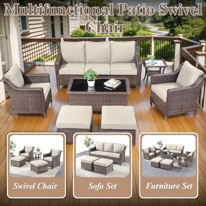 6 Pieces Wicker Sofa with Rocking Chair, Ottoman, Table - Brown