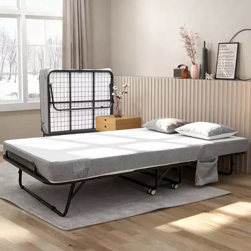 Coolmee Folding Bed with Mattress, Portable Foldable Bed on Wheels with Side Storage Pocket for Office, Bedroom, Space Saving, Easy Storage