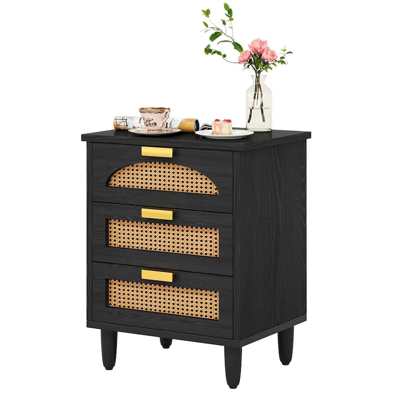 Wood and Rattan 3-Drawer Nightstand with Metal Handles
