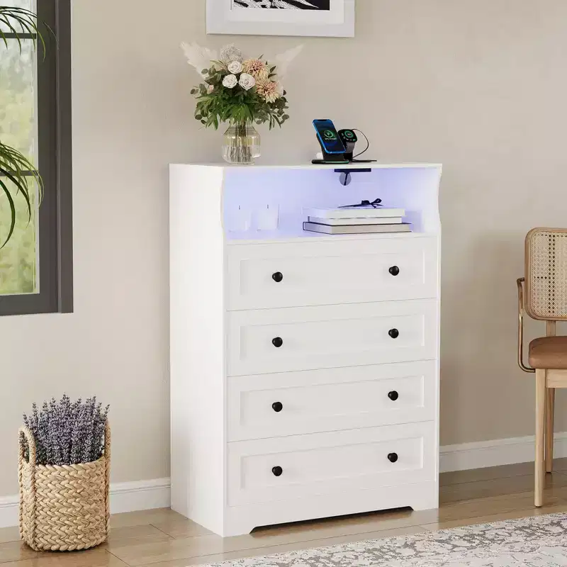 Dark Grey 4-Drawer Fabric Dresser with LED Lights & Charging Station
