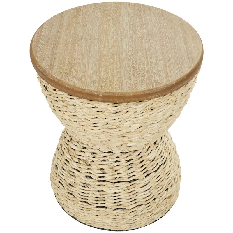 Rattan Handmade Woven Side End Accent Table with Wood Tabletop and Black Frame - Light Brown or Brown