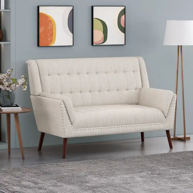 Mid-Century Modern Fabric Settee with Nailhead Trim