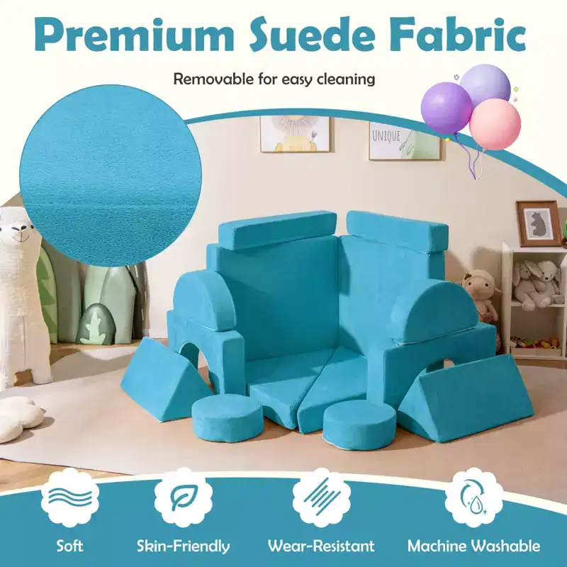 Costway 14 PCS Modular Kids Play Couch Child Sectional Sofa Toddler Soft Playset Blue/Gray/Yellow