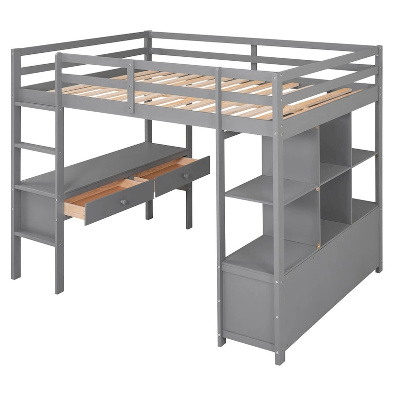 Full Size Loft Bed with Built-In Desk with Multi Drawers and Storage Shelves