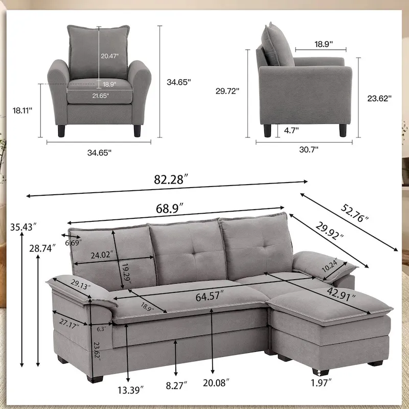 82.28 L Shaped 3 Pieces Living Room Sets