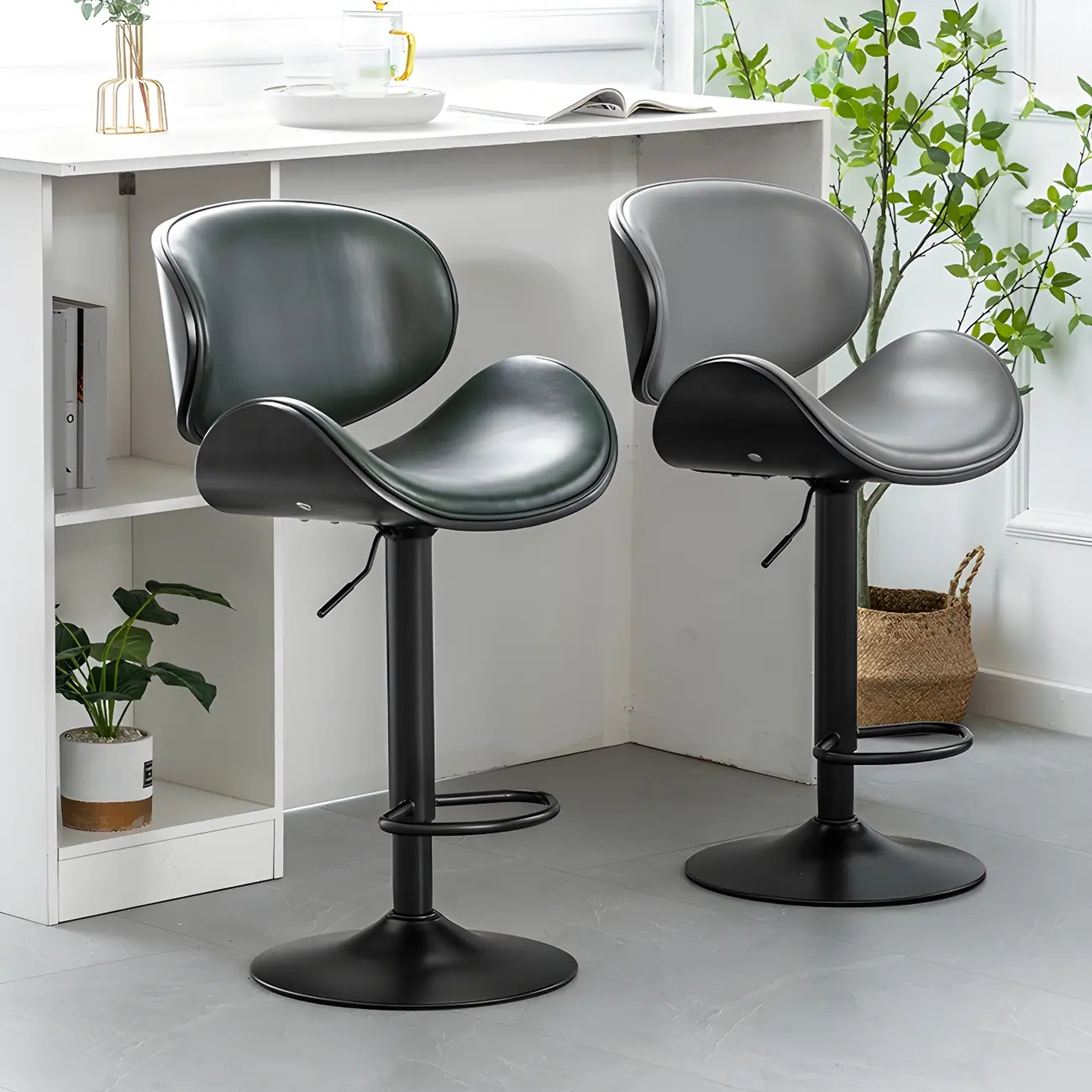 Arched Blackish Green Leather Swivel Adjustable Bar Stool