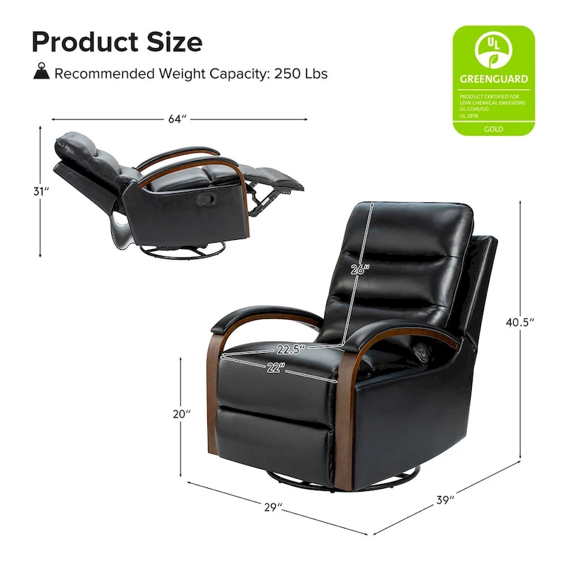 Leopold Modern Genuine Leather Swivel Rocking Manual Recliner Chair with Wooden Arm Accents by HULALA HOME