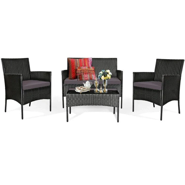 4 Pieces Patio Rattan Cushioned Sofa Set with Tempered Glass Coffee Table - 24 x 23.5 x 33 (L x W x H)